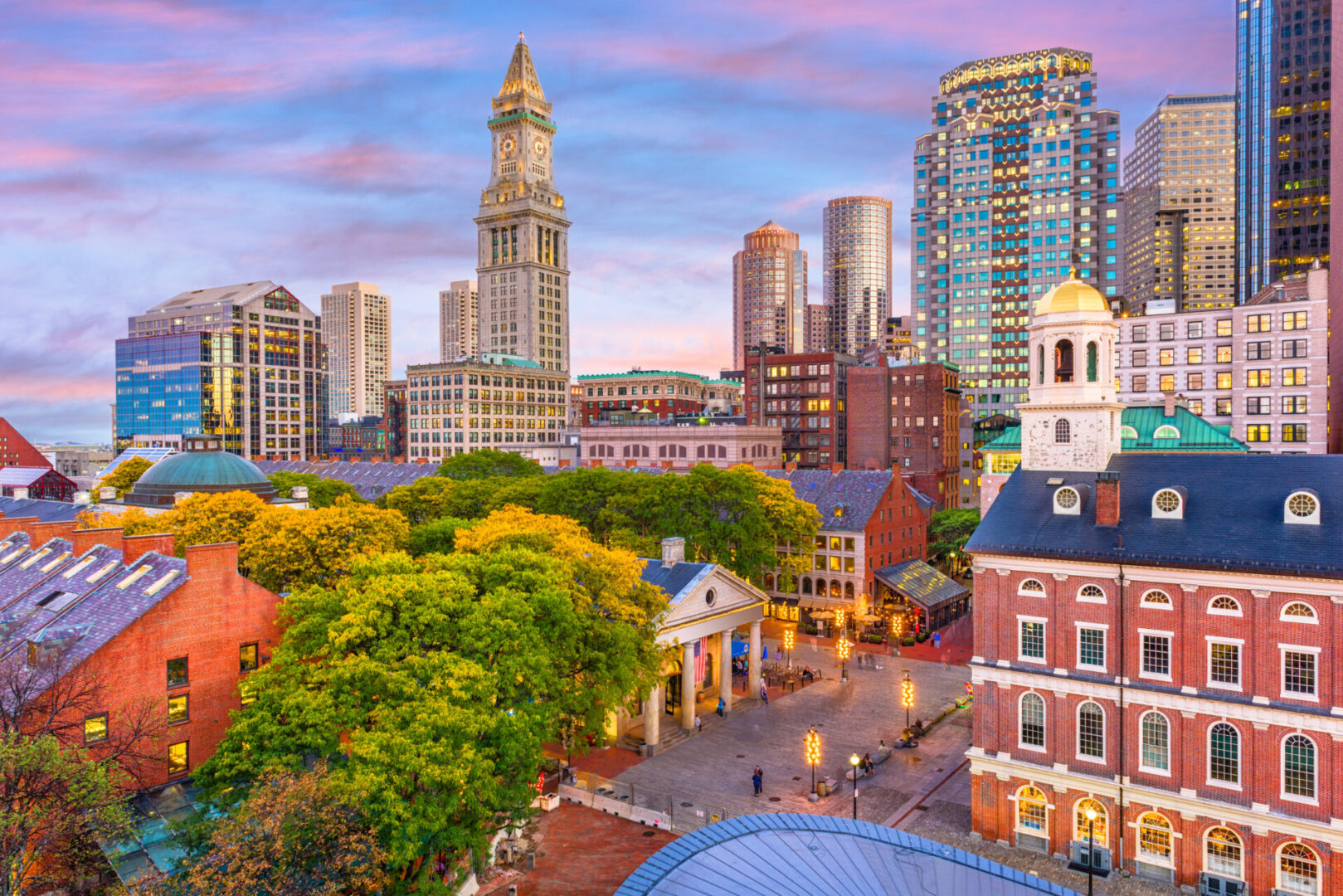 boston skyline with sunset