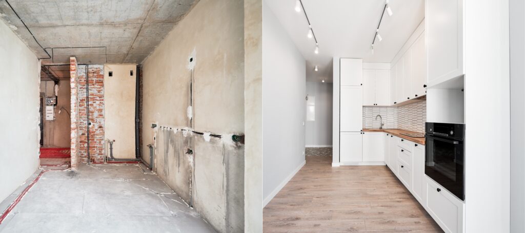 Photo collage of old apartment and new renovated room